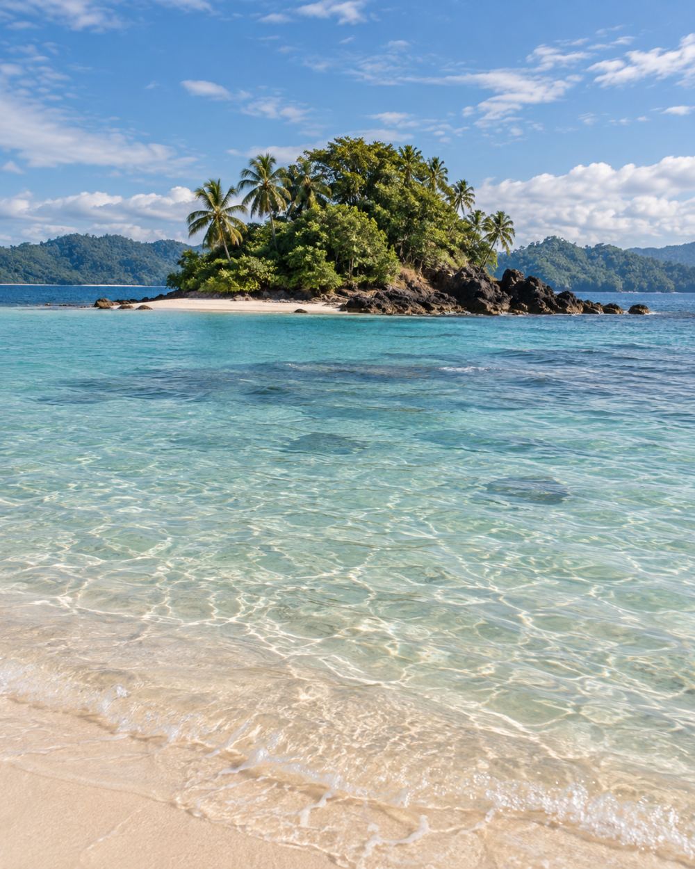 Islote boscoso frente a una playa de Coiba, con el agua transparente en primer plano.